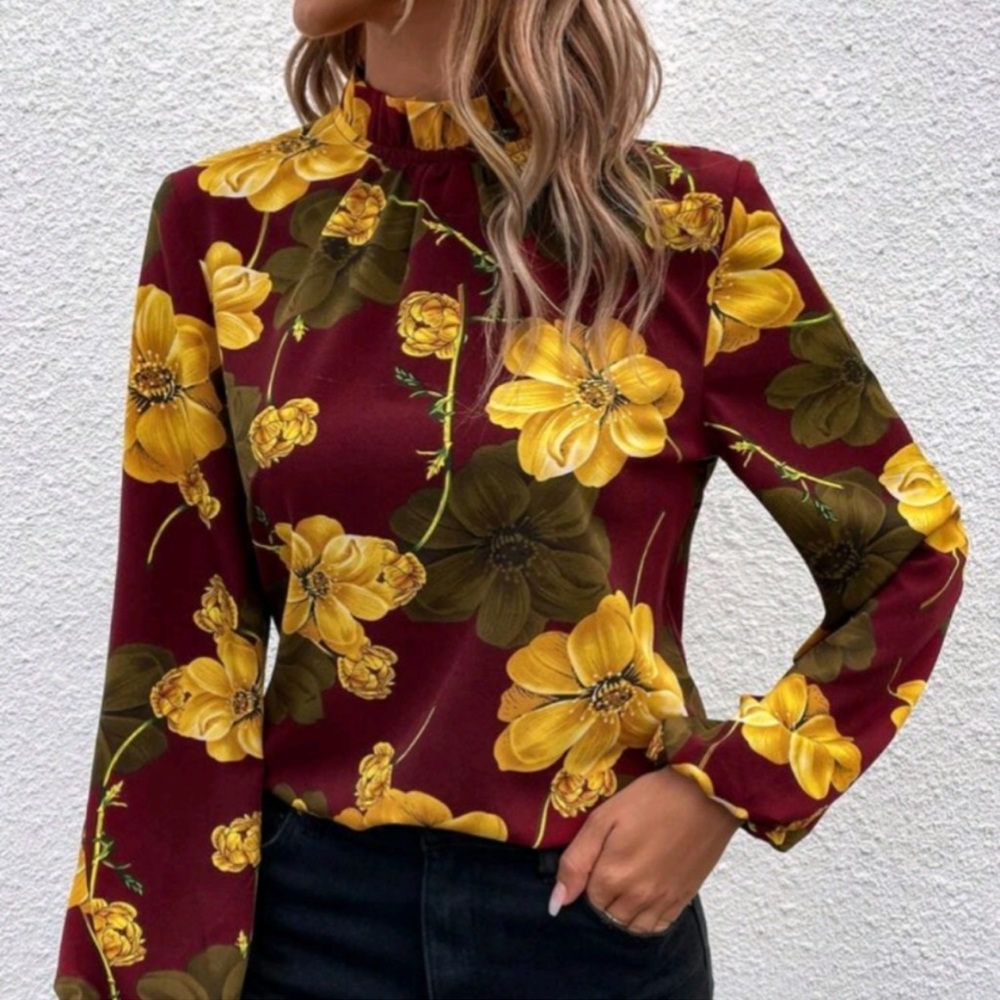Floral Print Mock Neck Lantern Sleeve Blouse Sz Med NEW